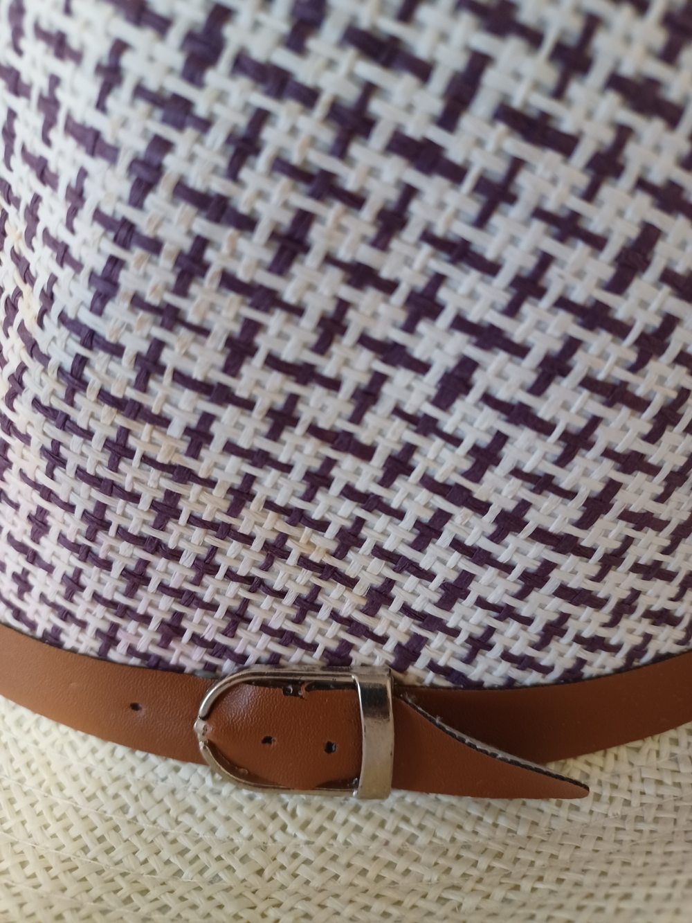 Straw Fedora Hat with Brown Belt - Cream & Purple - Picture 10 of 16